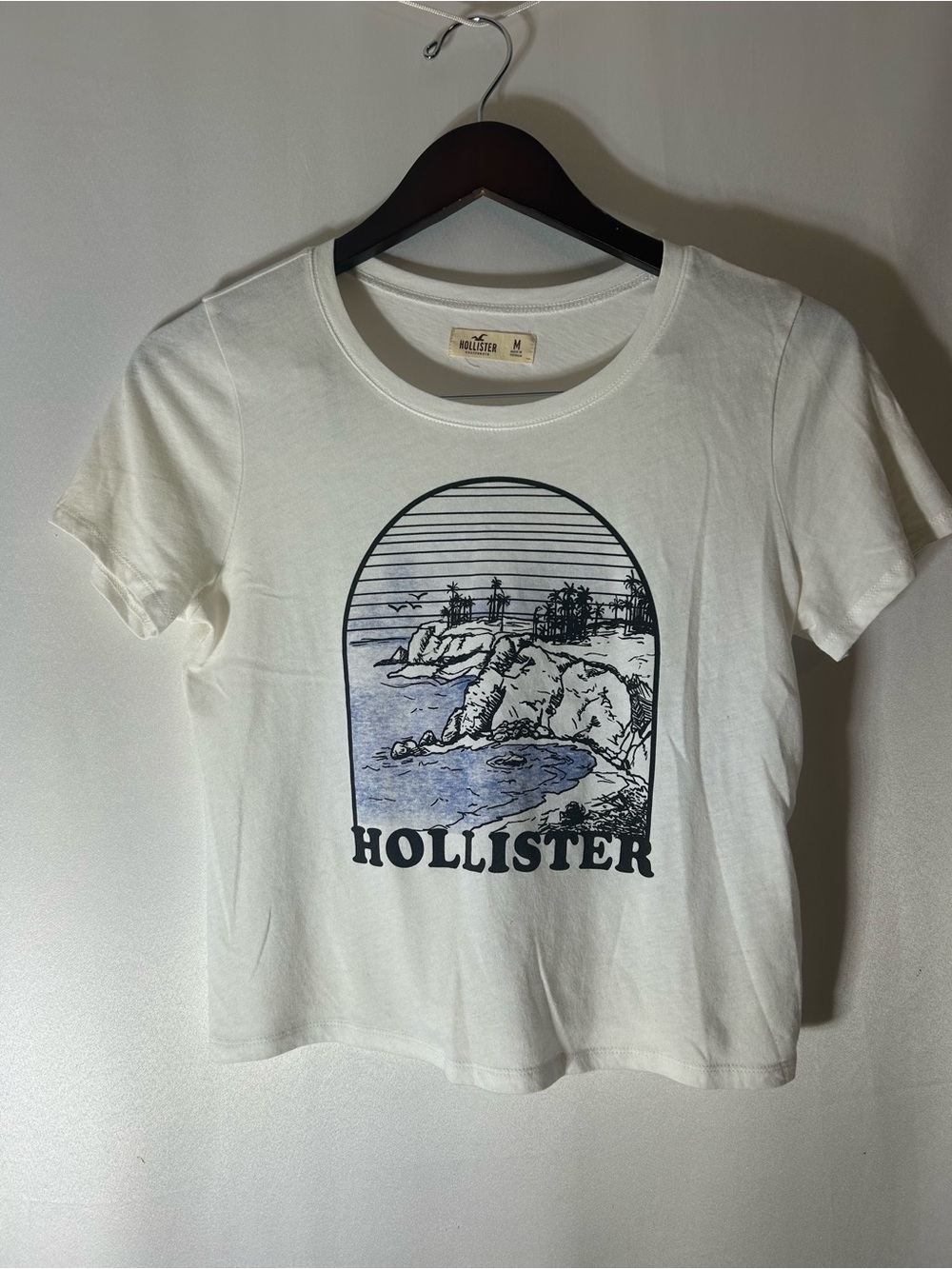 Hollister White Tee with Blue Coastal Graphic